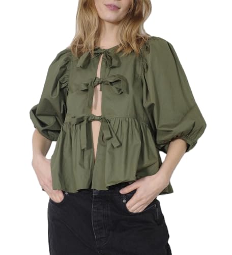 WYFC Women Front Tie Puff Sleeve Peplum Blouse Ruffle Hem