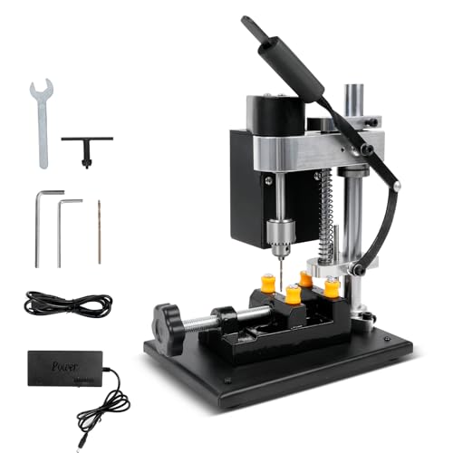 Mini Taladro de Columna, Taladro de banco de 200 W con 7 velocidades, carrera de perforación 50 mm, motor 795 y 0,3-4 mm portabrocas, taladro de mesa de 10000 rpm con tornillo de banco, enchufe UE