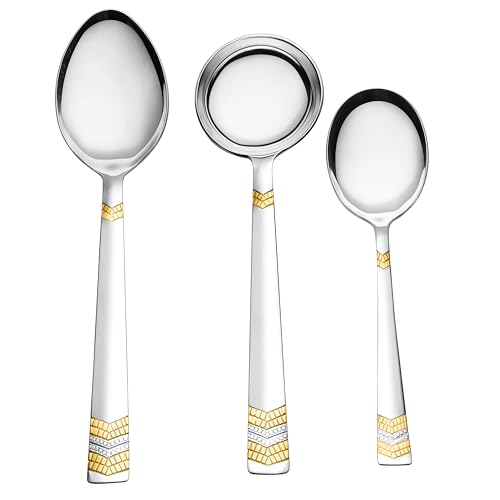 Image of FnS 3 Pcs Stainless Steel Serving Spoon Set | 24 Karat Gold Plated | 1 Large Serving Spoon, 1 Large Veg Serving Spoon & 1 Ladle | Kitchen Serving Utensils for Home, Dining, Restaurant & Hotel (Raga)