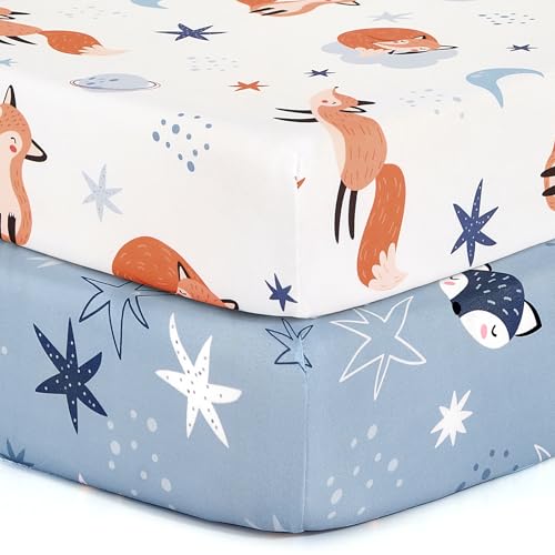 Image of BROLEX 2 Pack Mini Crib Sheets, Stretchy Portable Fitted Playard Sheet Set, Convertible Playard Mattress Cover, Ultra Soft Breathable Polyester Material, Starry Fox