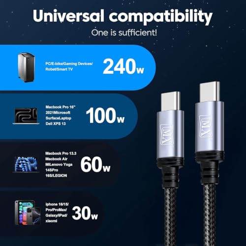 Image of MX 240W USB C to USB C Cable PD 3.1,Type C to Type C Fast Charging Cable High Speed Data Transfer & Charging Type C Cable for MacBook, iPhone, Samsung Galaxy S25 /S24, iPad & Laptops - 2Mtr Cord