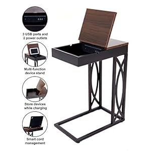 SeeTable - Stash with Device Stand, Charging Station, and Storage (Dark Brown Frame/Walnut Finish Table Top) - C Table/End Table/Side Table/Accent Table SeeTable Stash with Device Stand Charging Station and Storage Dark Brown FrameWalnut Finish Table Top C TableEnd TableSide TableAccent Table