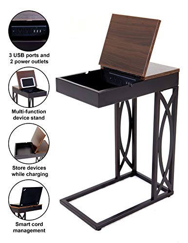 SeeTable-Stash-with-Device-Stand-Charging-Station-and-Storage-Dark-Brown-FrameWalnut-Finish-Table-Top-C-TableEnd-TableSide-TableAccent-Table SeeTable Stash with Device Stand Charging Station and Storage Dark Brown FrameWalnut Finish Table Top C TableEnd TableSide TableAccent Table
