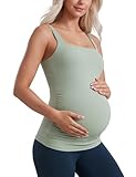 CRZ YOGA Damen Butterluxe Quadratischer Hals Umstands-Tanktops Gerüscht Ärmellos Schwangerschaft Yoga Tee Shirt mit Integrierter BH Grüner Palmenhof 38