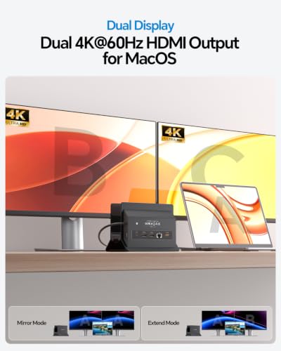 Image of MacBook Docking Station Dual Monitor, Vertical Mac Laptop Docking Station Dock Stand with 2 HDMI 4K@60Hz, USB A /C 10Gbps, PD, Ethernet, SD /TF, Compatible with MacBook Pro Air M3 M4 M5