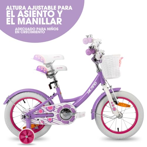 Miniatura 5 de Hiland Bicicleta Infantil De 12 14 16 Pulgadas Para Niñas 3 4 5 6 7 Años Con Cesta Ruedas Estabilizadoras Rosa Morada Blanco