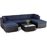 SUNCROWN Outdoor Furniture 7-Piece Sectional Sofa Set, All-Weather Black Brown Wicker and Modern Glass Coffee Table(Blue Cushion)