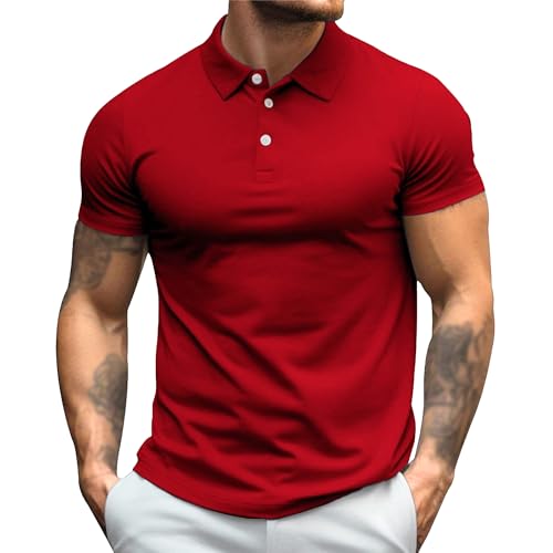 Men Short Sleeve Fashion Lapel T-Shirt Casual Slim Fit Solid Trendy Polo Shirts Summer Quarter Button Pullover Tops (Red,X-Large)