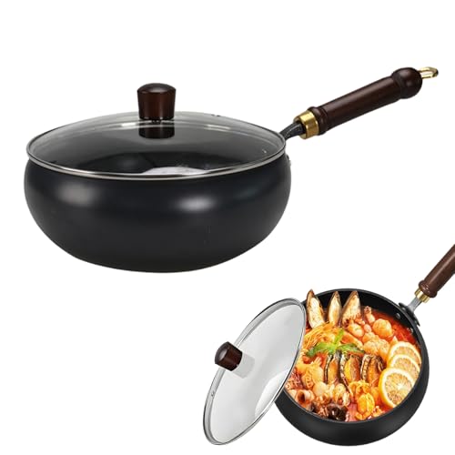 MeYuxg Poêle en fer forgée avec couvercle en verre, poêle en fer forgé à la main avec revêtement antiadhésif, grande casserole ventrale, pour cuisinières à induction et cuisinières à gaz (B)