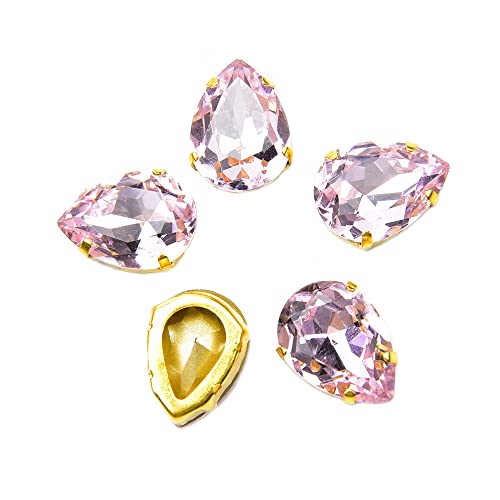 Flash 36 Pcs K9 Pink Diamond Sew On Crystal Rhinestone Tear Drop Flatback Gold Setting Sew On Crystal by Choupee (13X18MM, Pink)