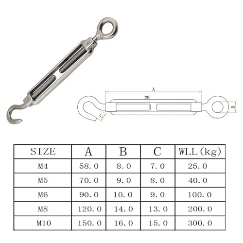 5PCS Tensores para cables de acero inoxidable 304 con cuerpo abierto tipo gancho y ojo, rosca de M4 a M10 para ajuste de tensión en cables y cuerdas miniatura 7