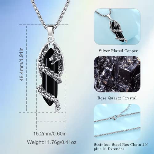 Vito Dragon Necklace for Women Men, Hexagonal Prism Obsidian/Rose Quartz/Lapis Lazuli/Amethyst/Turquoise Healing Crystal Energy Amulet Protection Jewelry Gift, 20"+2"4