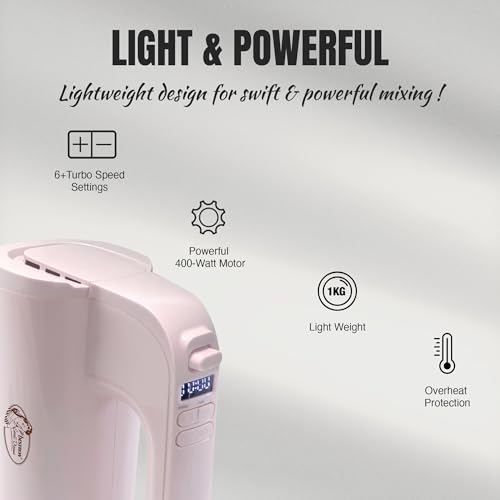 Bestron - Batidora eléctrica para cocina, batidora de mano potente con 6 velocidades, función turbo y pantalla LCD, viene con 2 batidores y 2 ganchos amasadores, peso ligero de 1 kg, color: rosa - imagen 5