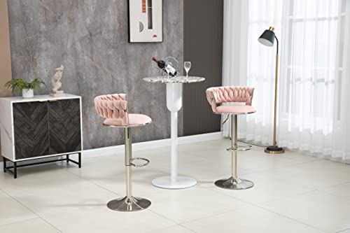 Kakotito 360° Velvet Swivel Bar Stools With Low Back & Footrest, Adjustable Counter Barstools, Silver Bar Stool (Set Of 2 - Silver Version, Pink) #TOP2