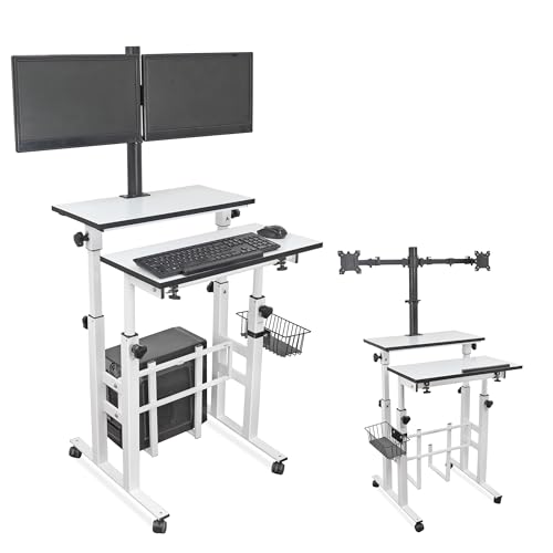 Image of Isomars Computer /Laptop Table with Dual Monitor Mount, Adjustable Height & Angles, Sit Stand Table, Computer Desktop Workstation Useful for Gadgets Like Desktop, Laptop, etc. (White).