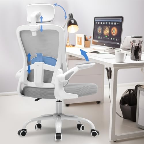COMHOMA Office Chair with Flip-up Armrests, Ergonomic office desk chair with Adjustable Lumbar Support, Height Adjustable Desk Chair with Headrest, Gray COMHOMA Office Chair with Flip-up Armrests, Ergonomic office desk chair with Adjustable Lumbar Support, Height Adjustable Desk Chair with Headrest, Gray