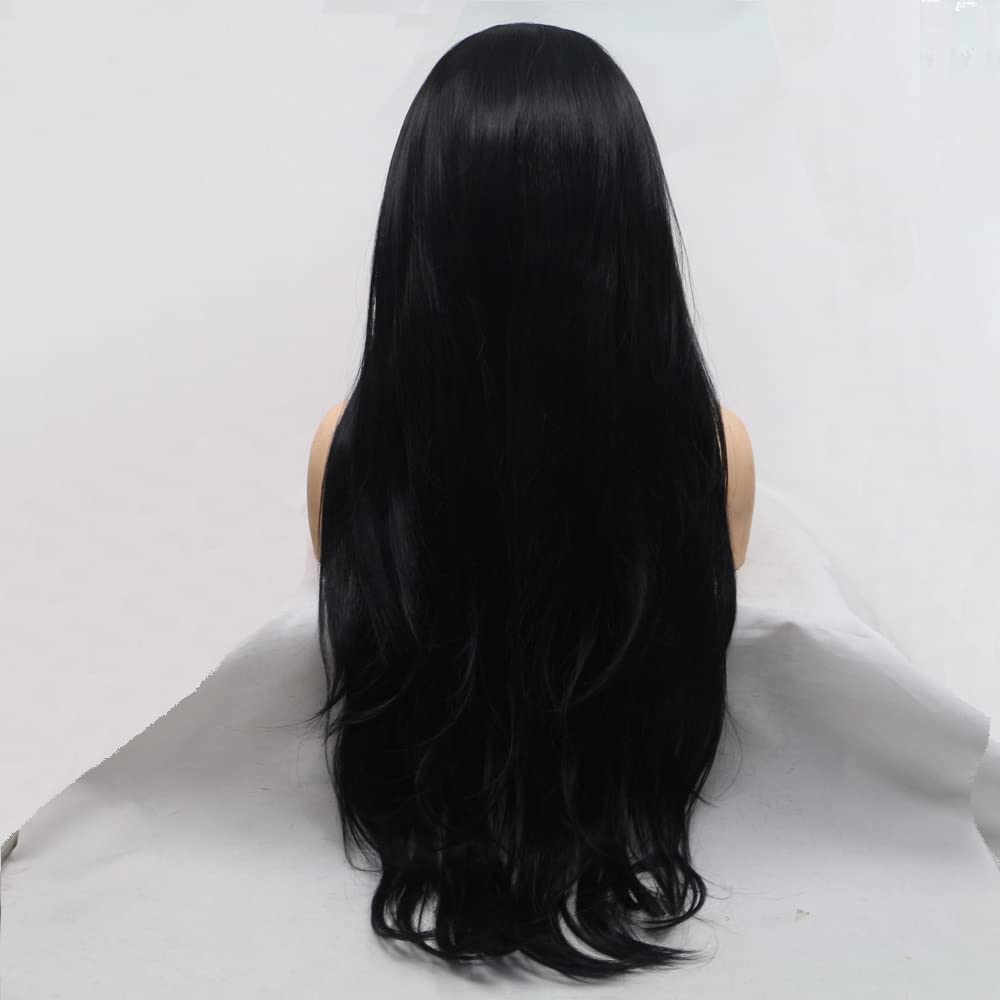 Xiweiya 1b# Black Lace Front Wig Long Natural Wavy 4x1 U part Lace Front Wig Perfect Hairline Soft Body Wave Black Wig Heat Resistant Fiber Hair 150% Density Wig For Wmen 24inch - Image 4