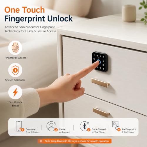 Image of CBK Smart Cabinet Lock with Fingerprint, RFID Card, PIN & App Control | Bluetooth Wardrobe Lock for Wooden Drawer, Cupboard, Office Cabinet (1 Year Warranty)