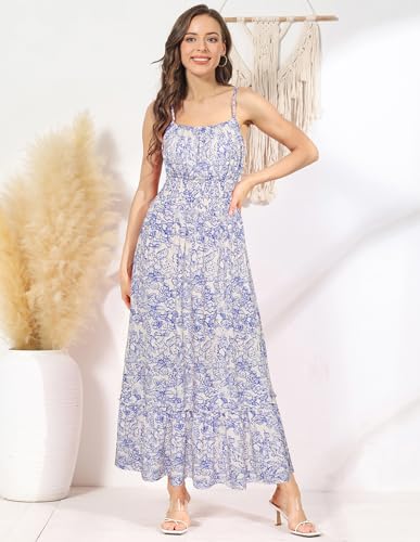 Image of GRACE KARIN Summer Dresses for Women 2026 Vacation,Smocked Floral Maxi Dress,Boho Beach Sundress with Pocket Fashion Clothing