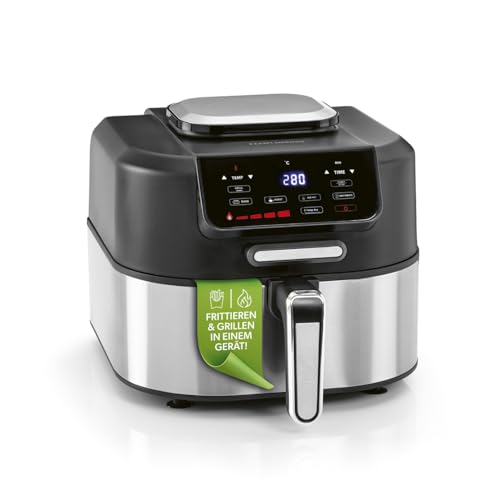 GOURMETmaxx Heißluftfritteuse FryBBQ | Airfryer mit Ober-/Unterhitze | 5 L Multikocher Heissluftfritteuse mit 5 Modi inkl. Dörren | 2in1: Fritteuse & Grill – mit Aludruckguss-Rost & Grillthermometer