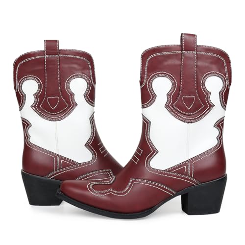 Western Woman Cowgirl Boots with Chunky Heel Pointed Toe Cowboy Boots White Patchwork Trendy Cowboy Stitched Pointe Toe Mid Shaft Boots2