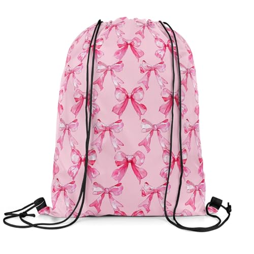 jejeloiu Watercolor Bows Drawstring Backpack 13x15.7inch Pink Bow Ribbon Waterproof Gym Drawstring BagsVintage Princess Themed Sports String Backpack