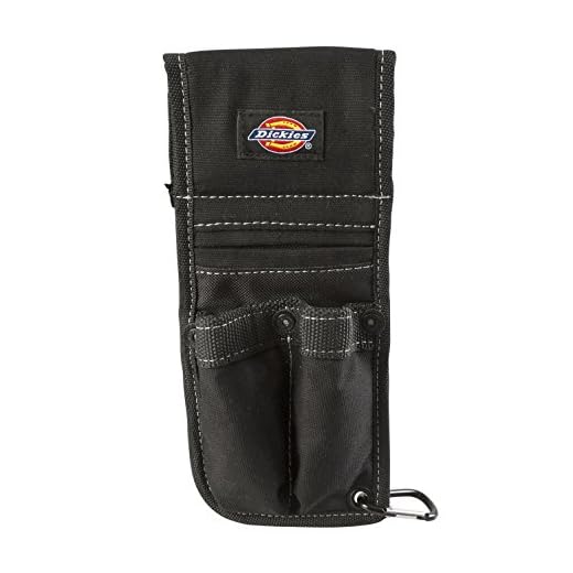 Dickies Box Cutter Sheath for Tool Belt, Durable Canvas with PVC Cut-Resistant Sheath Lining, 3 Pockets, Quick-Clip Storage Carabiner, 2-inch Belt Loop, Black