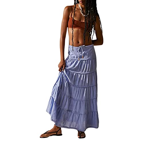 FeMereina Women's Elastic High Waist Boho Maxi Skirt Tiered Long Skirts Drawstring A Line Beach Skirts Summer Ruffle Flowy Skirts (Light Purple, S)