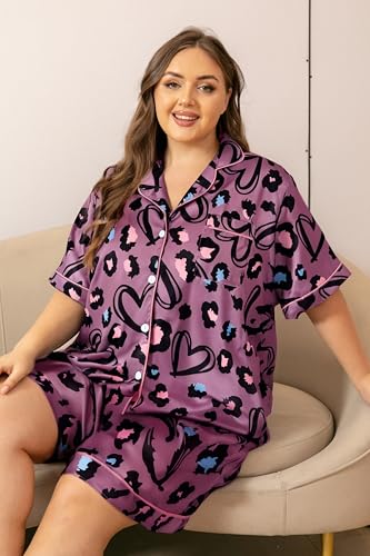 Image of Vozanet Women's Short Sleeve Satin Pajama Sets Silky Ladies Button Down Loungewear Plus Size Nighty Shorts Sets XL to 5XL