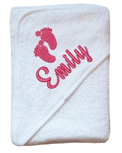 Personalised Name Baby Hooded Bath Towel Shower Announcement White Blue Pink 70x70cm. (White)