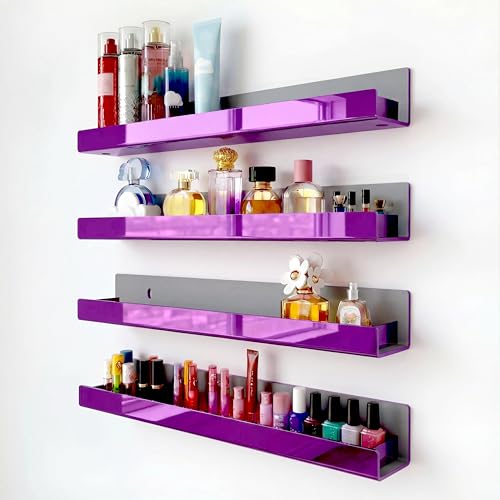 Image of 4 Pack 15 Inch Purple Reflective Acrylic Floating Wall Shelves | Modern Display Shelf for Sunglasses, Oils, Pictures & Toy Storage Decor
