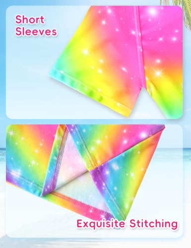 Image of Girls Swimsuit Colorful Short Sleeve Bathing Suits UPF 50+ Rash Guard Set Two Piece Summer Swimwear