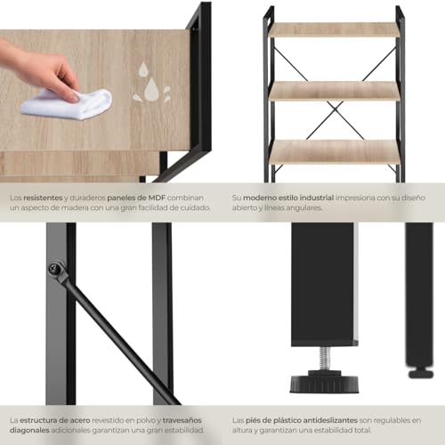 Miniatura 6 de Tectake Estanteria Metalica De Estilo Industrial Con Estructura Estable, Sistema Antivuelco, Estantería Madera Para Oficina, Mueble Recibidor - Madera Industrial Clara, Roble Sonoma