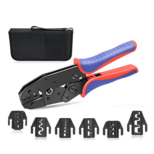 HKS Ratcheting Crimping Tool Set 8 PCS - Quick Exchange Jaw for Heat Shrink Terminals, Non-Insulated, Open Barrel, MC4 Conncetors, Insulated and Non-Insulated Ferrules AWG 20-2