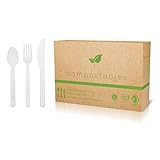 100% Eco-Friendly Compostable Cutlery Set - 300 Pieces (100 Forks | 100 Spoons | 100 Knives) - Durable Disposable Utensils Made from Renewable Plant-Based Resources