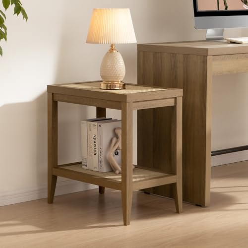Image of SICOTAS Rattan Night Stand Bedside Table - Farmhouse Boho Narrow End Table for Living Room - Accent Side Table with 2 Open Storage Shelves for Bedroom, Small Spaces