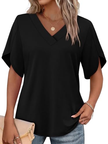 WIHOLL Womens Tops Short Sleeve Shirts Summer Outfits 2026 Blouses for Women Dressey Casual Beach Vacation Clothes Fashion Clothing Business Black XXXL