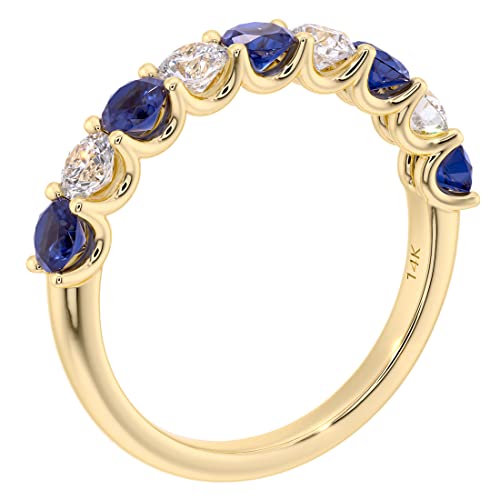 PEORA Solid 14K Gold 1 Carat Lab Grown Diamond and Created Blue Sapphire 9-Stone Half Eternity Band for Women, Wedding Anniversary Stackable Ring, Sizes 4 to 10 6