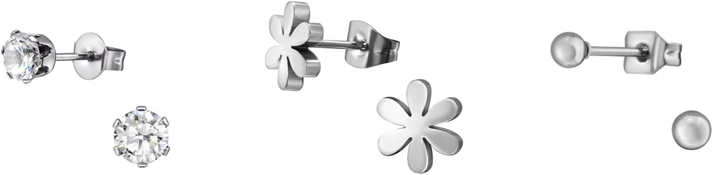 Set of 3 Pairs of Earrings, Stainless Steel, Flower, CZ Stone & Plain Sleeper