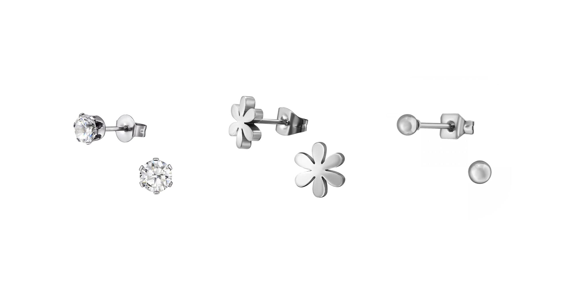 Set of 3 Pairs of Earrings, Stainless Steel, Flower, CZ Stone & Plain Sleeper