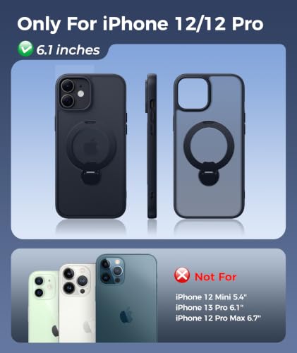 Image of FNTCASE for iPhone 12 Case: iPhone 12 Pro Phone Case [360 Spin Magnetic Stand] [Compatible with Magsafe] [Screen Protector] Translucent Matte Military Grade Shockproof Phone Cover - Black