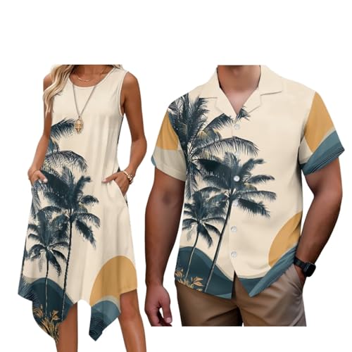 Boatee Couple Matching Outfits Lightweight Sunset Palm Trees Matching Couples Outfits for Vacation Quick-Dry Men’s Hawaiian Shirt for Summer Vacation Trip Fashionable
