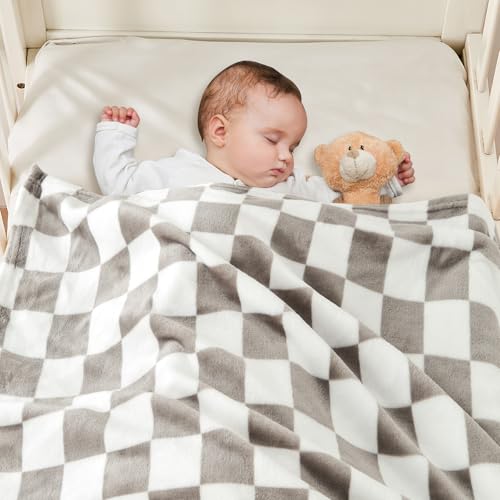 Image of Yurhap Checkered Baby Blanket Fleece Baby Blankets Neutral for Boys Girls, Super Soft Warm Lightweight Infant Toddler Newborn Receiving Gifts for Crib Stroller, 30x40 Inch, Greige