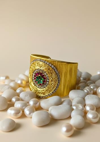 Image of Mansiyaorange CZ AD Stone Gold-Plated Fancy Floral Cuff Bangle Bracelet