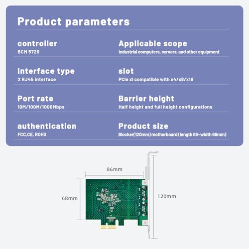 Tarjeta de Red PCI-E 1 Gb con Broadcom BCM5720, adaptador de red Ethernet con puertos duales 10/100/1000 Mbps, bracket de perfil bajo y altura completa para PC de escritorio, servidor e industrial miniatura 7