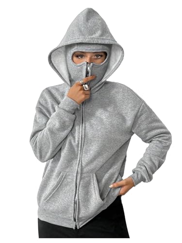 Milumia Women's Zip Up Hoodies Long Sleeve Hooded Sweatshirt Fall Jackets with Mask Light Grey Large