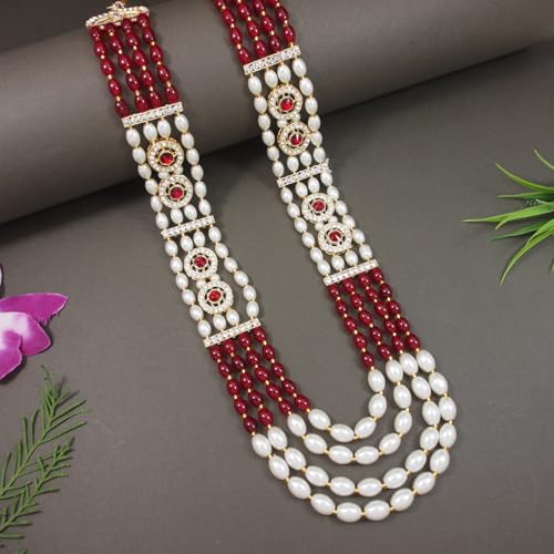 Image of I Jewels 4 Layered Traditional Gold Plated Dulha Moti Mala with Beaded Maharaja Haar /Groom Necklace for Men