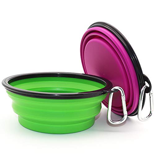 Image of SLSON Collapsible Dog Bowl, 2 Pack Collapsible Water Bowls for Cats Dogs, Portable Pet Feeding Watering Dish for Walking Parking Traveling with 2 Carabiners (Large, Green+Purple),Silicone,15X5X5 Cm
