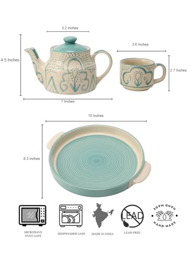 Image of miah decor Ceramic Tea Set with Kettle and Tray with 2 Cups | 500ml | Handmade Stoneware Tea Set - Cream Turquoise | Microwave & Dishwasher Safe | Food Safe | Ideal for Tea Serving & Gifting