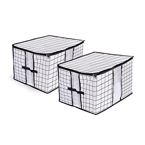 LONGTEAM Comforter Storage Bags, 2PCS Large Capacity Bag, Pillow Beddings Blanket Clothes Organizers with Zippers, Clear Windows and Carry Handles